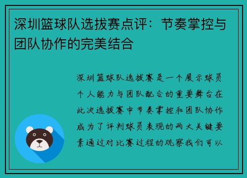 深圳篮球队选拔赛点评：节奏掌控与团队协作的完美结合